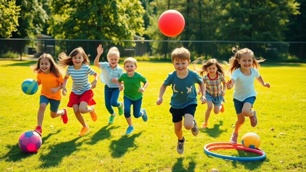 Grundschulkinder spielen und bewegen sich fröhlich auf einem Feld.