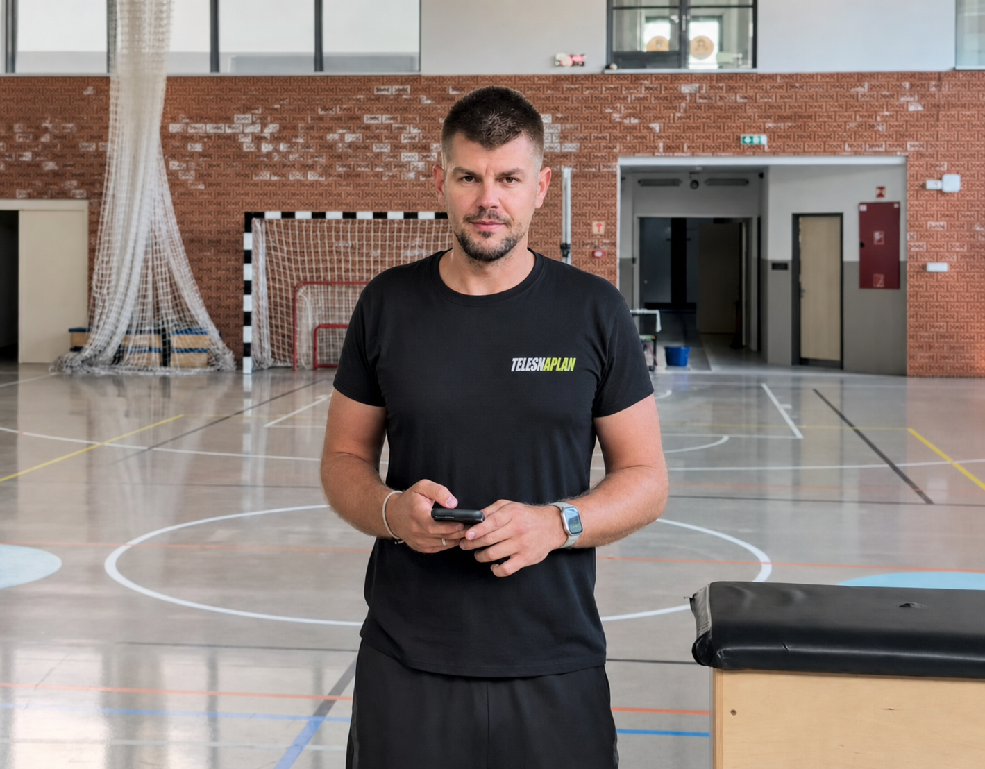 András, učiteľ telesnej výchovy, v telocvični